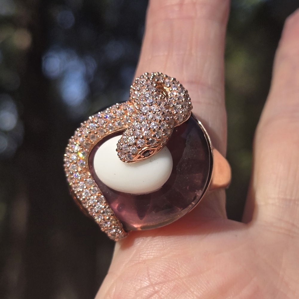 White Sapphire Black Onyx Blown Glass Sterling & Gold Snake Statement Ring Sz8.7 - Picture 4 of 13